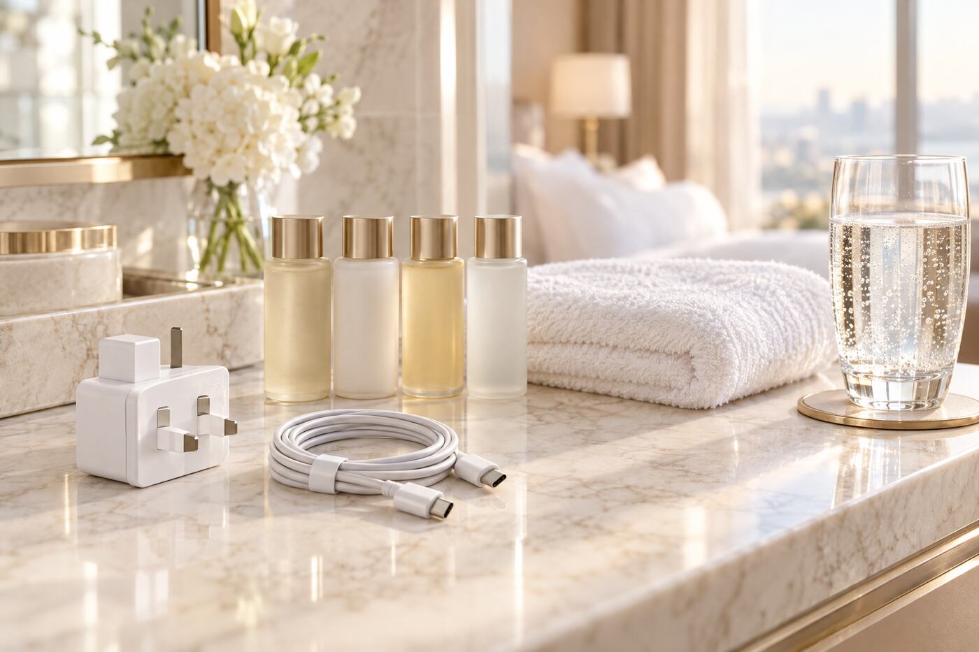A plug adaptor, charging cable, toiletries, towel and sparkling water on a marble vanity