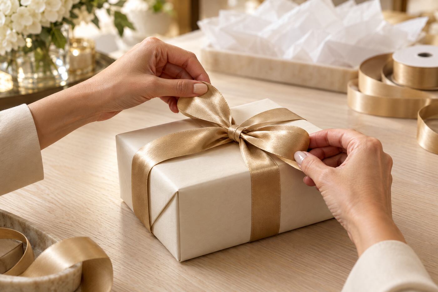 Hands tying a champagne-gold ribbon around an ivory-wrapped gift